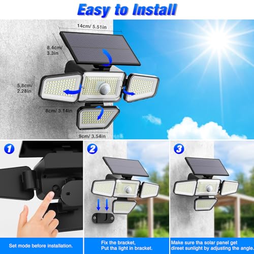 Easy install guide showing wire-free mounting steps for solar security light