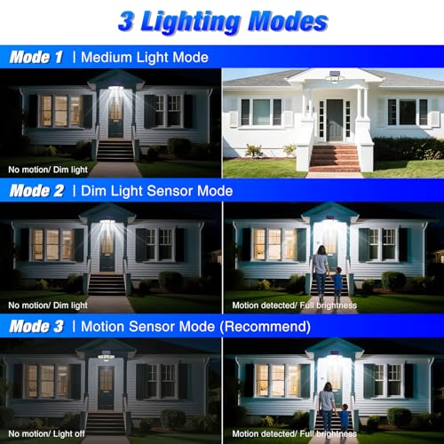 Three lighting modes selection for solar security light: motion, dim, and off