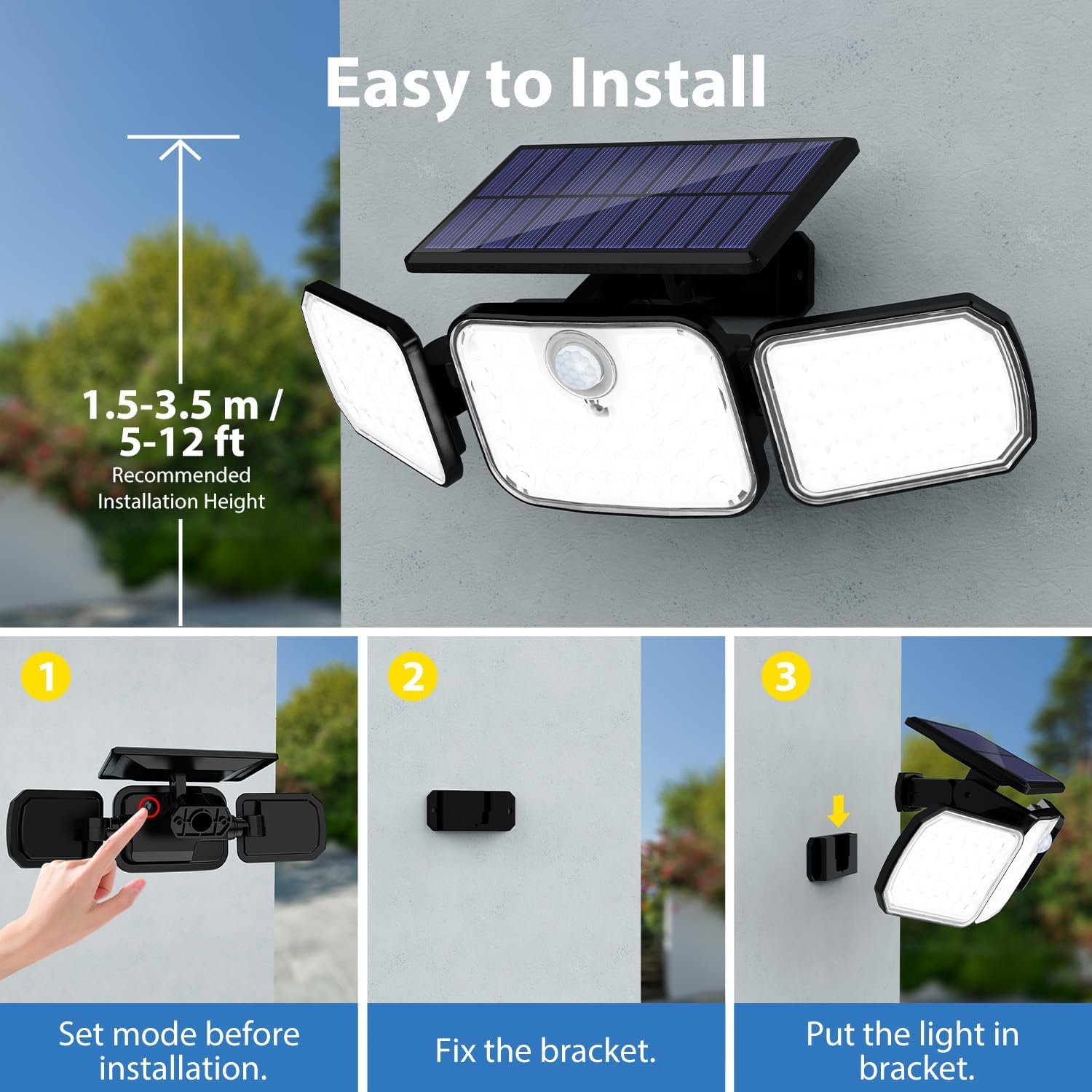 Easy installation guide for solar security light with 3 adjustable heads