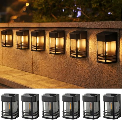 Solar Fence Lights Outdoor Garden, 6 Packs LED Retro Solar Wall Lights Outdoor Waterproof, Auto On/Off Fence Lights Solar Powered for Patio Decking Gate Yard Stair Decoration(Warm White)[Energy