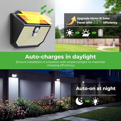 Solar charging cycle illustration showing panel charging battery during day and lighting at night